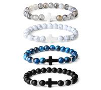 XIANNVXI 4 Pcs Mens Beaded Bracelet Black Onxy Turquoise Rosary Christian Jesus Catholic Religious Protection Cross Bracelet Christian Gifts for Men Religious Sobriety Gifts