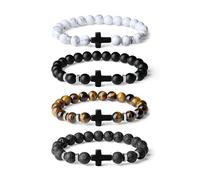 XIANNVXI 4 Pcs Mens Beaded Bracelet Tigers Eye Rosary Christian Jesus Catholic Religious Protection Cross Bracelet Christian Gifts for Men Religious Sobriety Gifts