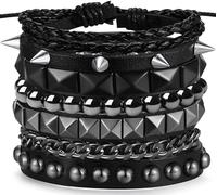 XIANNVXI 4 Pcs Punk Emo Studded Bracelet Goth Gothic Jewellery Punk Accessories Emo Accessories Black Leather Bracelet for Men Grunge Witchy Viking Jewellery