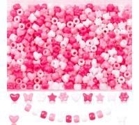 XIANNVXI 500 Pcs 3 Colours Coloured Beads Set,5 Shapes 9-10mm Loose Bulk Assorted Mixed Plastic Kandi Pony Beads with 4mm Holes,for DIY Crafting Jewelry Making(Pink,White,Rose Red,with Storage Box)