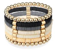 XIANNVXI 7 Pcs Heishi Clay Bead Bracelets for Women 6.8 In Stretch Elastic Stackable Gold Beaded Bracelets Set Boho Surfer Friendship Jewelry, M, clay, no gemstone