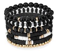 XIANNVXI 7 Pcs Heishi Clay Bead Bracelets for Women 6.8 In Stretch Elastic Stackable Gold Beaded Bracelets Set Boho Surfer Friendship Jewelry, M, clay, no gemstone