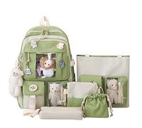 XIANXIAN 5Pcs Canvas School Backpack Combo Set, Kawaii Backpacks Student, Cute Aesthetic Small Tote Bags Accessories for Teen Girls, Green, 43CM*30CM*13CM