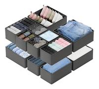 xianxikaitech 12 Pack Foldable Fabric Drawer Organisers and Dividers for Wardrobe, Closet, Bedroom Storage - Collapsible Storage Boxes for Clothes, Bras, Socks, Underwear, Ties (Grey)