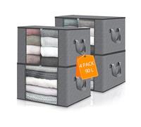xianxikaitech 90L Storage Bags 4 Pack, Large Capacity Foldable Clothes Storage Box with Zips, Reinforced Handle and PVC Window for Comforters, Blankets, Bedding, Thick Fabric Organiser (Grey)