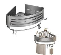 xianxikaitech Shower Caddy Wall Mounted, No Drilling Adhesive Bathroom Shelf Organiser - Rust-Resistant Aluminium with Towel Bar and Hooks, Grey Bathroom Storage Accessory (22.5x30.5cm)