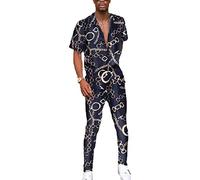 XianXinXn Men's Street Hipster Trendy Print Two Piece Set Chain Print Short Sleeve Shirts & Pants Casual 2pcs Set Color3 L