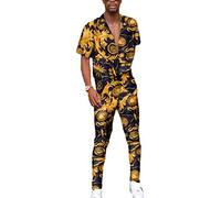 XianXinXn Men's Street Hipster Trendy Print Two Piece Set Chain Print Short Sleeve Shirts & Pants Casual 2pcs Set Color2 L