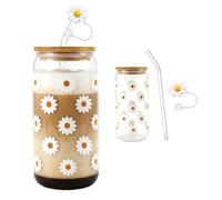 xianynow Aesthetic Glass 16 OZ, Flower Glass Cup with Lid and Straw - Ideal for Iced Coffee, Smoothies, and More - Daisy Pattern Design for a Chic Touch