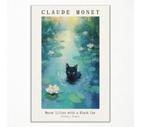 Xianyojafa Claude Monet Canvas Wall Art, Monet Black Cat Water Lilies Poster, Famous Oil Paintings Reproduction, Classic Fine Art Black Cat Floral Prints for Bedroom Living Room 12x16in Unframed