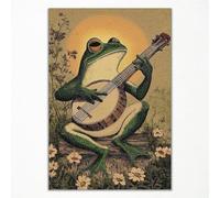 Xianyojafa Frog Poster, Playing Banjo Frog Canvas Wall Art, Vintage Comics Frog Print, Retro Cute Animal Picture for Wall, Boho Frog Banjo Painting for Living Room Bedroom 12x16in Unframed