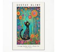 Xianyojafa Gustav Klimt Canvas Wall Art, Klimt Black Cat In The Garden Poster, Famous Oil Paintings Reproduction, Classic Fine Art Black Cat Floral Prints for Bedroom Living Room 12x16in Unframed