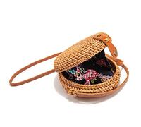 Xiao Hua Handwoven Circle Rattan Straw Crossbody Bag for Women 7.1" with Adjustable Genuine Leather Strap Natural Chic Hand, Small