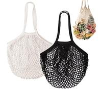 Xiao Hua Reusable Grocery Net Bags, Cotton Mesh Tote, Farmer's Market Bags for Fruits and Vegetables, String Shopping Organizer, Storage Bag with Long Handles, 2 Packs (Black，White)