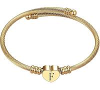 xiao Silver Initial Bracelet for Women, Adjustable Cuff Bangle Heart A-Z Bracelets Personalized Jewellery Birthday Gifts for Girls Mum Daughter (F)
