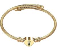 xiao Silver Initial Bracelet for Women, Adjustable Cuff Bangle Heart A-Z Bracelets Personalized Jewellery Birthday Gifts for Girls Mum Daughter (W)