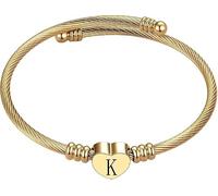 xiao Silver Initial Bracelet for Women, Adjustable Cuff Bangle Heart A-Z Bracelets Personalized Jewellery Birthday Gifts for Girls Mum Daughter (K)