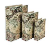 XIAOAIKA Decorative Wooden Book Boxes Set of 3, World Map Pattern, Antique Look with Magnetic Leather Cover, Hidden Secret Storage for Jewelry, Keepsakes, and Gifts