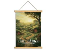 XIAOAIKA Peaceful Village Fantasy Wall Art, Vintage Canvas Poster with Solid Wood Hanger, Hanging Print for Fans of Epic Adventure Realms, Cozy Hobbit-Style Home Decor, 16x23 Inch