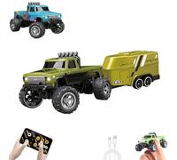 XIAOBAN Mini RC Car, 1/64 Scale Mini Remote Control Monster Truck with Trailer, 2.4Ghz & APP Remote Control Rechargeable Alloy Shell RC Cars with Lights, Speed/Steering Adjustable (Green)
