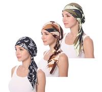 XIAOBLESS 3 Packed Women's Pre Tied Head Hair Scarves Slip On Chemo Beanies Hair Cover Headwrap Caps, A2-long Strap-3 Packed, One Size