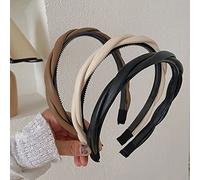 Xiaocao8 3pcs PU Leather Braid Womens Headbands with Teeth, Non Slip Elegant Headbands for Women Girls, Black Coffee Beige Fashion Hair Accessories