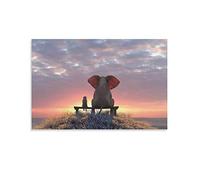 xiaochouyu Animal Art Dogs Dog Photography - Elephant And Dog Watch The Sunrise On The Seashore Poster Decorative Painting Canvas Wall Art Living Room Posters Bedroom Painting 24x36inch(60x90cm)