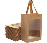 Xiaohan 24 Pcs Brown Paper Gift Bags with Transparent Window, 9.84"x7.0"x5.12" Kraft Shopping Bags with Handles for Bouquet Christmas Birthdays Festivals Party Weddings Wrapping