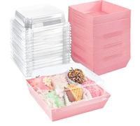 XIAOHONG 50 Pack Charcuterie Boxes with Clear Lids, 5 Inches Pink Square Disposable To-Go Bakery Boxes with Windows, Dessert Boxes for Bakery, Macaron, Cookies, Mini Cakes and Strawberries (FD-011)
