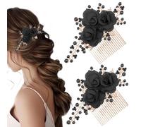 Xiaohui887 2 x Black Flower Hair Comb for Wedding Side Comb Flower Pink Black Rhinestone Pearl Headpiece Vintage Decoration Girls Ladies Hair Accessories