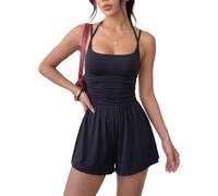 Xiaoliny Playsuits for Women UK Summer Sleeveless U Neck Spaghetti Strap Jumpsuit Casual Wide Leg Romper Ladies Slim Fit Ruched Shorts Overall Backless Dungarees Going Out Outfit for Beach Vacation