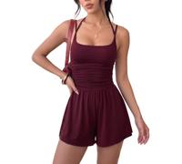 Xiaoliny Playsuits for Women UK Summer Sleeveless U Neck Spaghetti Strap Jumpsuit Casual Wide Leg Romper Ladies Slim Fit Ruched Shorts Overall Backless Dungarees Going Out Outfit for Beach Vacation
