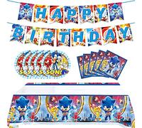 Xiaoma Sonic 2 Birthday Party Supplies, 32Pcs Sonic Decorations for Kids' Birthday, Includes Banner, Tablecloth, Plates, and Napkins