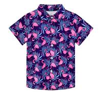 XiaoMoSha Boys Button Down Shirt,Hawaiian Shirt Summer Beach Tropical Casual Short Sleeve Printed Shirt for Kids,NavyBlueFlamingo,9-10 Years