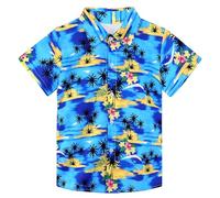 XiaoMoSha Boys Button Down Shirt,Hawaiian Shirt Summer Beach Tropical Casual Short Sleeve Printed Shirt for Kids,HawaiianBlue,7-8 Years