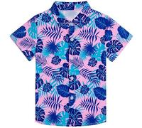 XiaoMoSha Boys Button Down Shirt Multi Hawaiian Shirt Summer Beach Tropical Casual Short Sleeve Printed Shirt for Kids, PinkLeaf, 13-14 Years