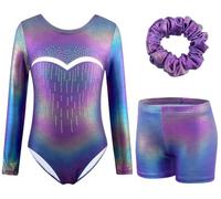 XiaoMoSha Girls Three-Piece Gymnastics Leotards Set Long Sleeve Leotards with Shorts and Hairband Sparkly Ballet Dance Unitards Gradient Color Gymnastics Outfits for Kids, PurpleDiamond, 5-6 Years