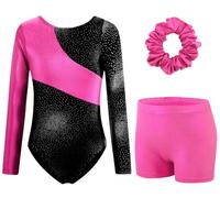 XiaoMoSha Girls Three-Piece Gymnastics Leotards Set Long Sleeve Leotards with Shorts and Hairband Sparkly Ballet Dance Unitards Gradient Color Gymnastics Outfits for Kids, RoseRedBlack, 7-8 Years