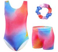 XiaoMoSha Girls Three-Piece Gymnastics Set Sleeveless Girls Leotards with Shorts and Hairband Glitter Multi Gradient Color Dance Ballet Unitards Gymnastics Outfits, ColorfulTiedye, 11-12 Years