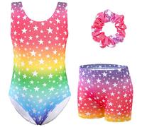 XiaoMoSha Girls Three-Piece Gymnastics Set Sleeveless Girls Leotards with Shorts and Hairband Sparking Multi Gradient Color Dance Ballet Unitards Gymnastics Outfits, ColoredStars, 4-5 Years