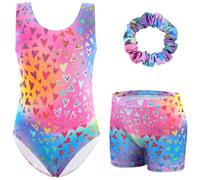 XiaoMoSha Girls Three-Piece Gymnastics Set Sleeveless Girls Leotards with Shorts and Hairband Sparking Multi Gradient Color Dance Ballet Unitards Gymnastics Outfits, RainbowHeart, 3-4 Years