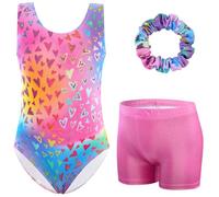 XiaoMoSha Girls Three-Piece Gymnastics Set Sleeveless Girls Leotards with Shorts and Hairband Sparkly Glitter Gradient Color Dance Ballet Unitards Gymnastics Outfits, PinkHearts, 7-8 Years