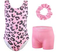XiaoMoSha Girls Three-Piece Gymnastics Set Sleeveless Girls Leotards with Shorts and Hairband Sparkly Glitter Gradient Color Dance Ballet Unitards Gymnastics Outfits, PinkLeopard, 3-4 Years