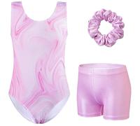XiaoMoSha Girls Three-Piece Gymnastics Set Sleeveless Girls Leotards with Shorts and Hairband Sparkly Glitter Gradient Color Dance Ballet Unitards Gymnastics Outfits, PinkWave, 5-6 Years