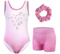 XiaoMoSha Girls Three-Piece Gymnastics Set Sleeveless Girls Leotards with Shorts and Hairband Sparkly Glitter Gradient Color Dance Ballet Unitards Gymnastics Outfits, PinkDiamond, 5-6 Years