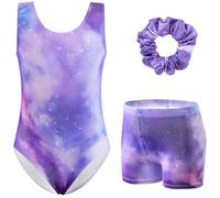 XiaoMoSha Girls Three-Piece Gymnastics Set Sleeveless Purple Girls Leotards with Shorts and Hairband Glitter Gradient Color Dance Ballet Unitards Gymnastics Outfits, PurpleGalaxy, 4-5 Years