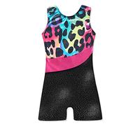 XiaoMoSha Gymnastics Leotards for Girls Sleeveless Dance Unitards Ribbon Sparkle Leotard Gymnastics Athletic for Little Girls(Leopard, 6-7 Years)