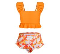 XiaoMoSha Swimming Costume Girls Bikini Set Two Piece Swimsuit with Adjustable Straps Bathing Suit Swimwear for Girls, 5-6 Years, Orange Flower