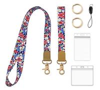 XIAONAN 2 Set Neck Lanyard Wristlet Strap with Card Holder, Neck Strap Flowers Key Lanyard and Waterproof Transparent Badge Holder for Key, ID Card, Credit Card, Rose