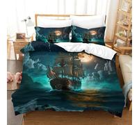 XiaopangXY 3D Pattern Pirate Boat Comforter Cover, Soft Sailboat Full Moon Duvet Cover Double（200x200cm） with Pillowcase, Cozy Bed-Sets, Luxe Pirate Boat Bedding Set for Kids Teens Adults